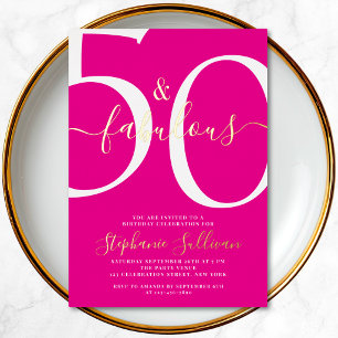 Fifty and Fabulous Script Pink Birthday Party Foil Invitation