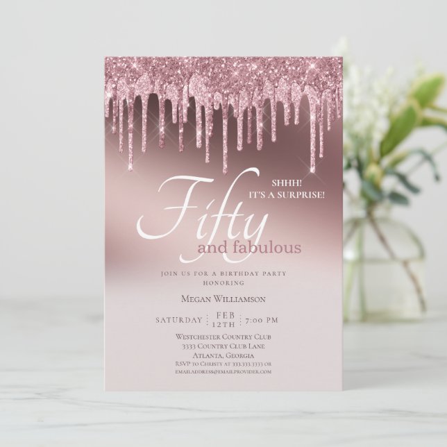  Fifty and Fabulous Surprise Pink Glitter Birthday Invitation (Standing Front)