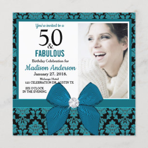Fifty and Fabulous teal black damask 50th Birthday Invitation