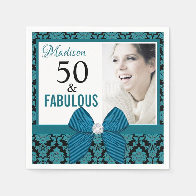 Fifty and Fabulous teal damask | 50th Birthday Napkins (Front)