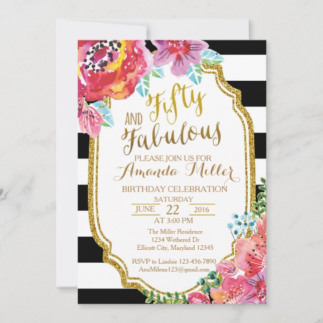 Fifty and Fabulous watercolor Birthday Invitation (Front)