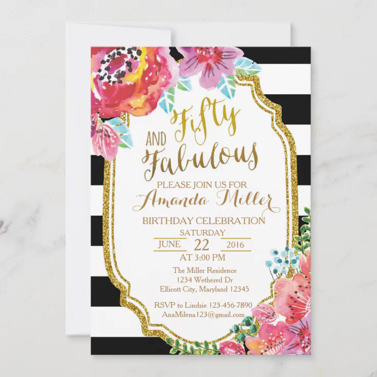 Fifty and Fabulous watercolor Birthday Invitation | Zazzle