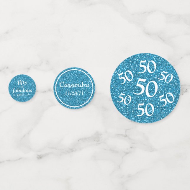 Fifty And Fabulous White Blue Glitter Table Confetti (Backs)