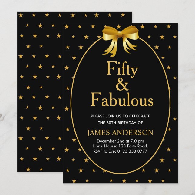 Fifty and Fabulous with golden stars on black Invitation (Front/Back)