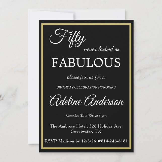 Fifty and Fabulous Womans Black Gold 50th Birthday Invitation (Front)