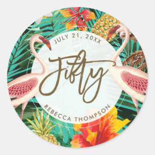 fifty birthday tropical flamingo sticker