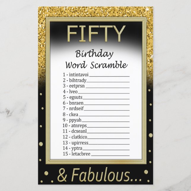 Fifty Birthday Word Scramble Game (Front)