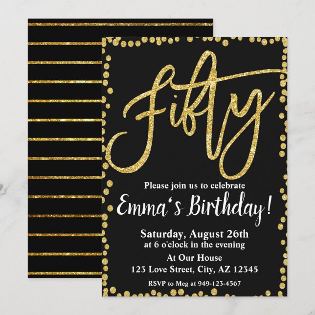 Fifty black and gold glitter 50th Birthday Invitation (Front/Back)