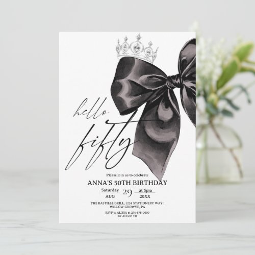 Fifty Black Bow 50th Birthday Invitation