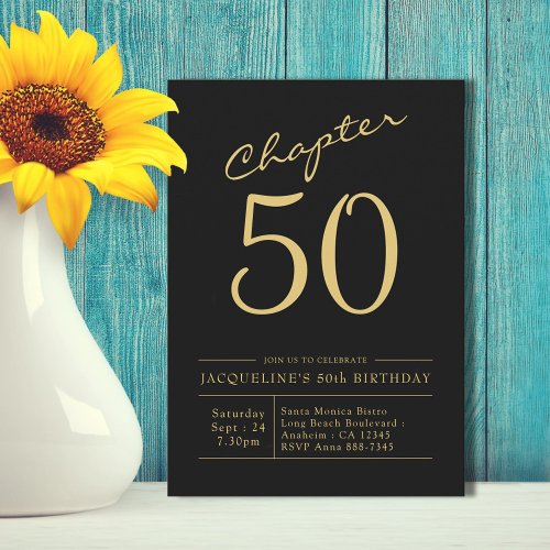 Fifty Black Gold 50th Birthday Party Invitation