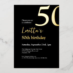 Fifty Black Gold Elegant 50th Birthday Party  Foil Invitation