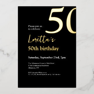 Fifty Black Gold Elegant 50th Birthday Party Foil Invitation