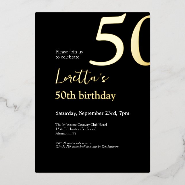 Fifty Black Gold Elegant 50th Birthday Party  Foil Invitation (Front)