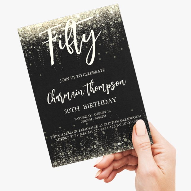 Fifty Black Gold Glitters 50th Birthday Party Invitation (Creator Uploaded)