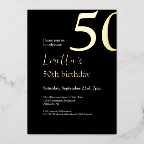 Fifty Black  Gold Modern 50th Birthday Party  Foil Invitation