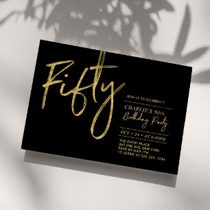 Fifty   Black & Gold Modern 50th Birthday Party Invitation