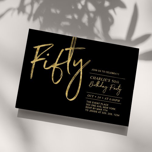 Fifty  Black  Gold Modern 50th Birthday Party Invitation