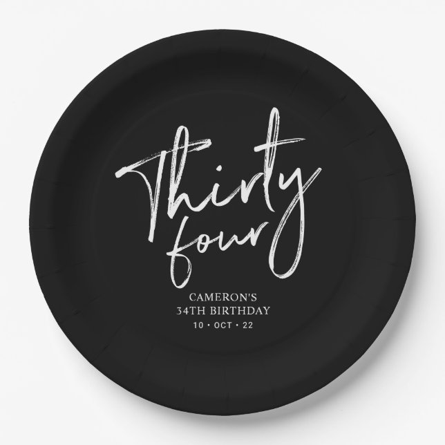 Fifty Black Modern Lettering 34th Birthday Party P Paper Plates (Front)