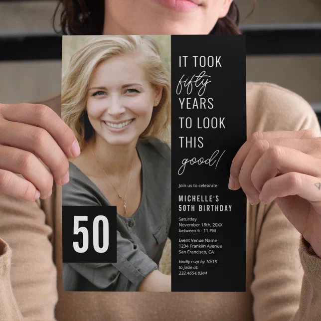 Fifty Black & White 50th Birthday Party Photo Invitation Zazzle
