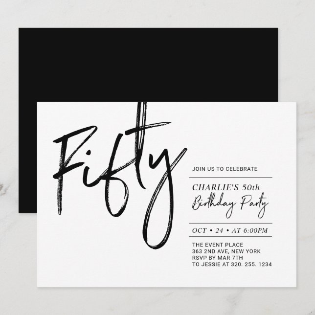 Fifty | Black & White Modern 50th Birthday Party I Invitation (Front/Back)