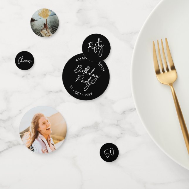 Fifty | Black & White Modern 50th Birthday Photo Confetti (Group)