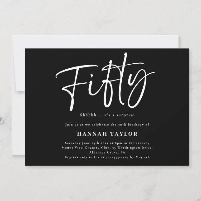 Fifty Black White Simple Modern 50th Birthday Invitation (Front)