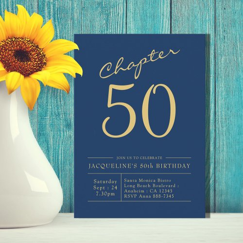 Fifty Blue Gold 50th Birthday Party Invitation