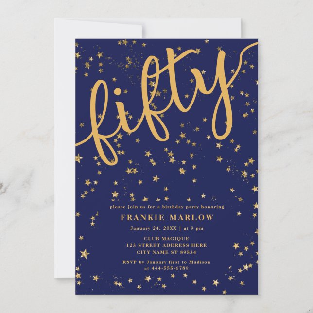 Fifty Blue Gold Glitter Modern 50th Birthday Party Invitation (Front)
