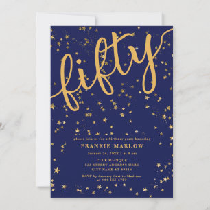 Fifty Blue Gold Glitter Modern 50th Birthday Party Invitation