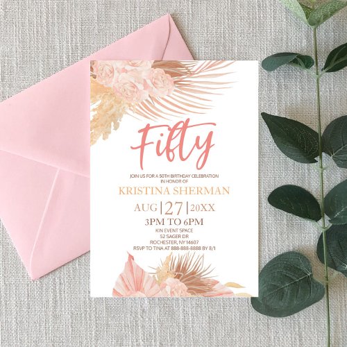 Fifty Boho Pink Floral 50th Birthday Party Invitation