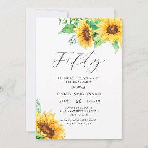 Fifty Chic Yellow Sunflower Floral 50th Birthday Invitation