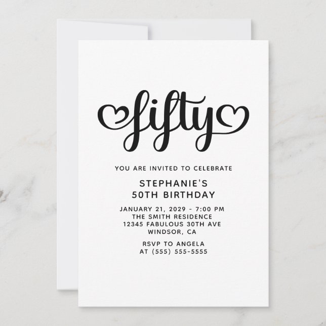 Fifty Cute Hearts Script 50th Birthday Invitation (Front)