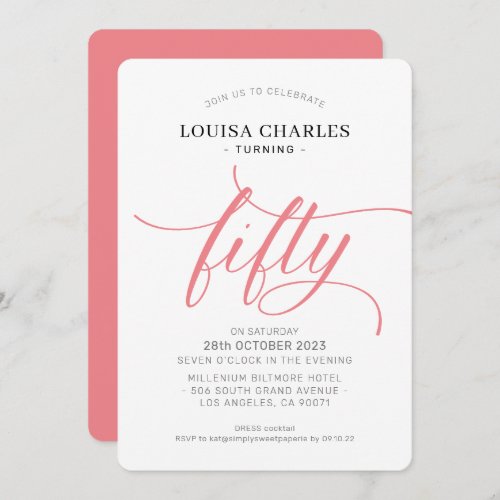 FIFTY elegant birthday chic script modern coral Invitation