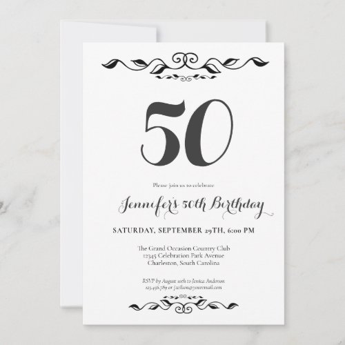 FIfty Elegant Black  White Minimal 50th Birthday  Invitation