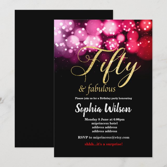 fifty elegant glitter pink red birthday invitation (Front/Back)