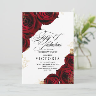 Fifty Elegant Script Red Roses 50th Birthday Invitation