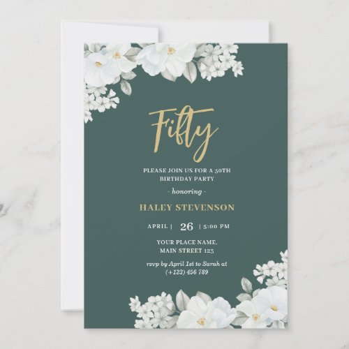 Fifty Emerald Green  Gold White Floral Birthday Invitation