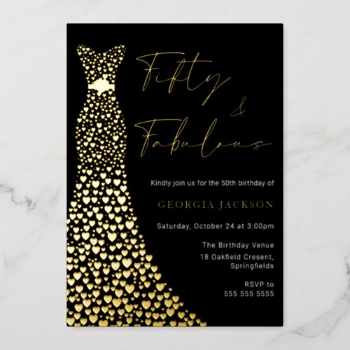 Fifty  Fab Dress 50th Birthday Black Real Gold Foil Invitation