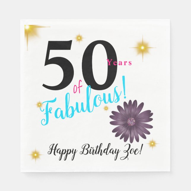 Fifty & Fab elegant purple daisy & gold stars Napkins (Front)