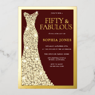 Fifty & Fabulous 50th Birthday Party Burgundy Gold Foil Invitation