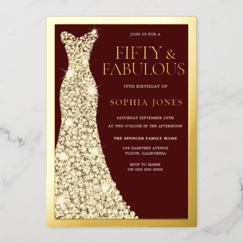 Fifty  Fabulous 50th Birthday Party Burgundy Gold Foil Invitation