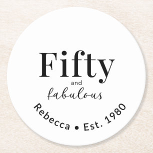 Fifty Fabulous 50th Birthday Party Custom Name Round Paper Coaster