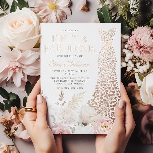 Fifty  Fabulous 50th Birthday Party Rose Gold Foil Invitation