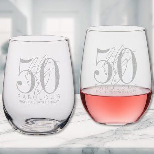 Fifty Fabulous 50th Birthday Party Stemless Wine Glass
