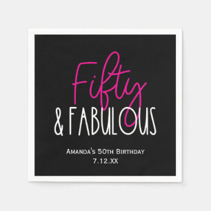 Fifty & Fabulous 50th Birthday w Custom Text Black Napkins