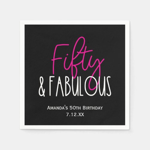 Fifty  Fabulous 50th Birthday w Custom Text Black Napkins