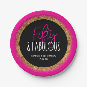 Fifty & Fabulous 50th Birthday w Custom Text Black Paper Plates