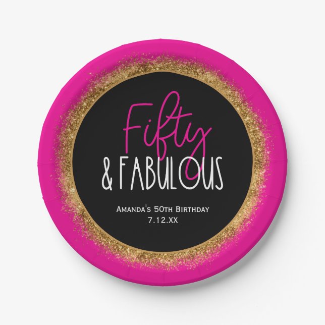 Fifty & Fabulous 50th Birthday w Custom Text Black Paper Plates (Front)