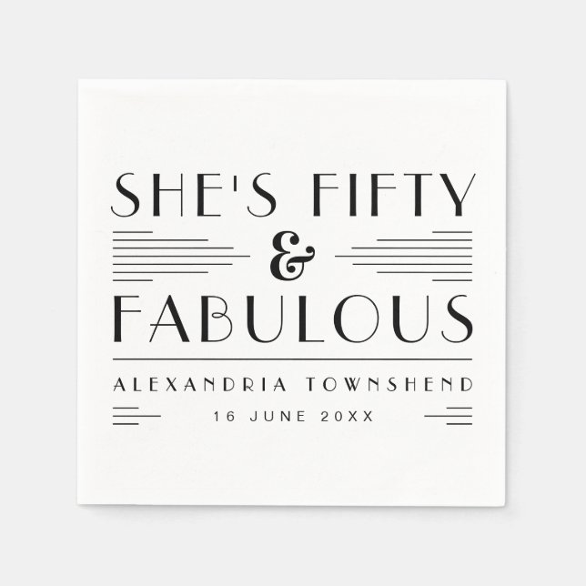 Fifty & Fabulous Art Deco Name Date 50th Birthday Napkins (Front)