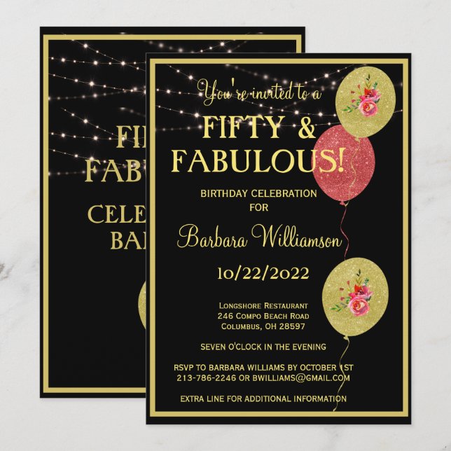 Fifty & Fabulous Birthday Black Gold  Invitation (Front/Back)